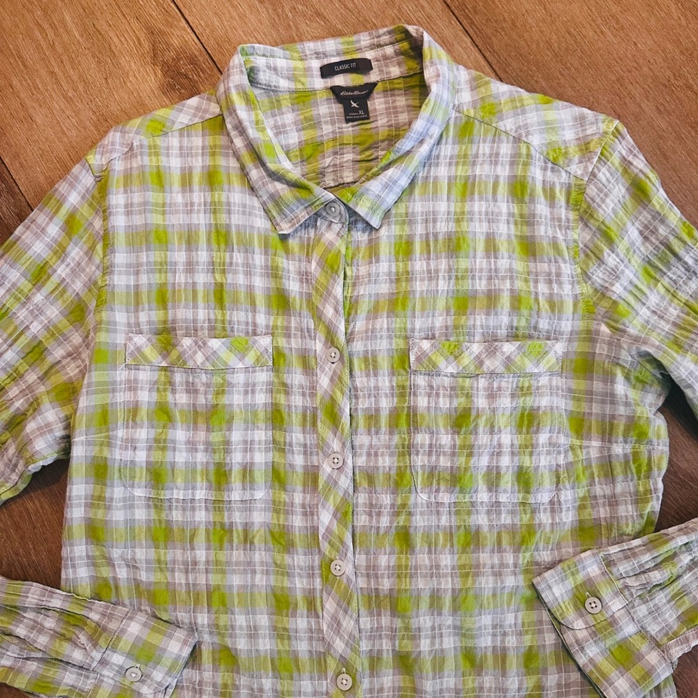 Eddie‎ Bauer Classic Fit Plaid Button Down Shirt Lime Green Grey Womens XL